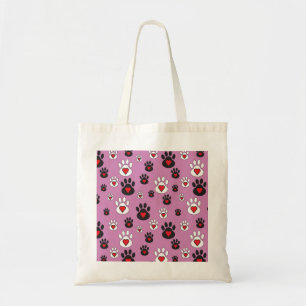 Bolso De Tela Huellas de patas con corazones rojos sobre fondo r