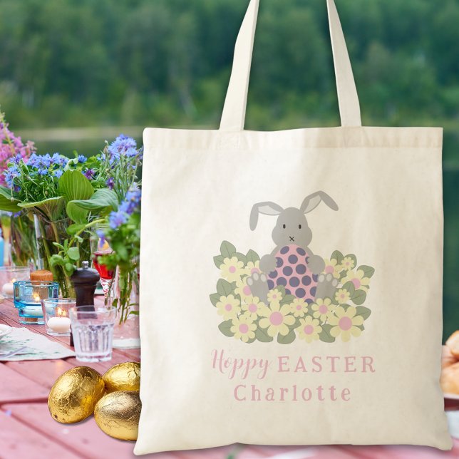 Bolso De Tela Huevo de Pascua Adorable Hunt Bunny Floral (Personalized girls name Easter egg hunt cute bunny daisy floral pink tote bag)