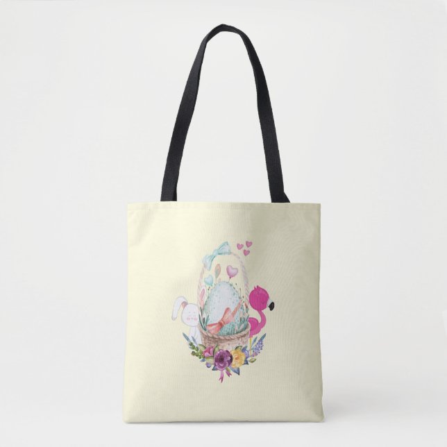 Bolso De Tela Huevo dulce, flamencos rosados y conejito, acuarel (Anverso)