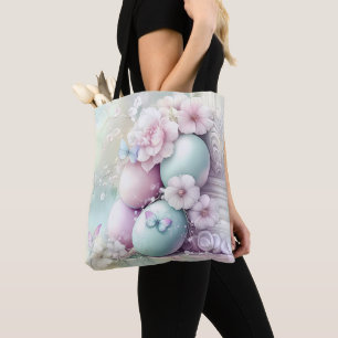 BOLSO DE TELA HUEVOS Y FLORES DE PASCUA DE COLOR ROSA Y VERDE PA