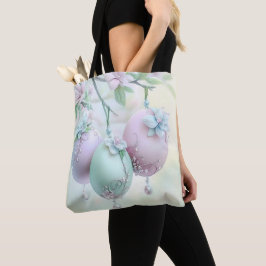 BOLSO DE TELA HUEVOS Y FLORES DE PASCUA DE COLOR ROSA Y VERDE PA