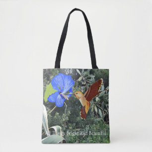 Bolso De Tela Hummingbird y azul Hibiscus con plantas tropicales