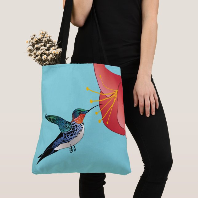Bolso De Tela Hummingbird y Flor roja exóticos (Detalle)
