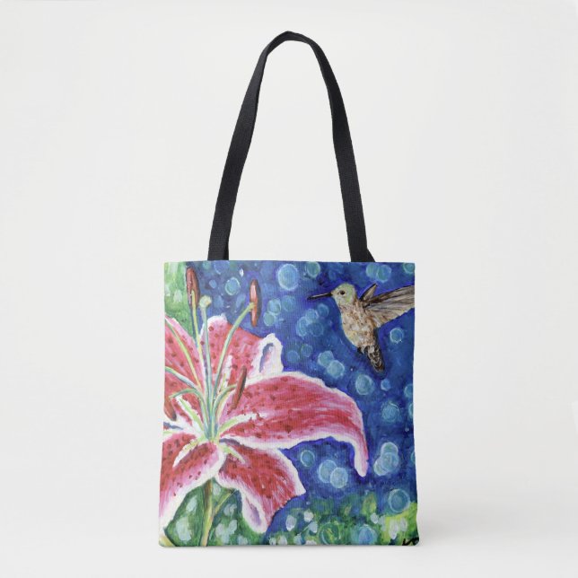 Bolso De Tela Hummingbird y Stargazer Lily Painting (Anverso)