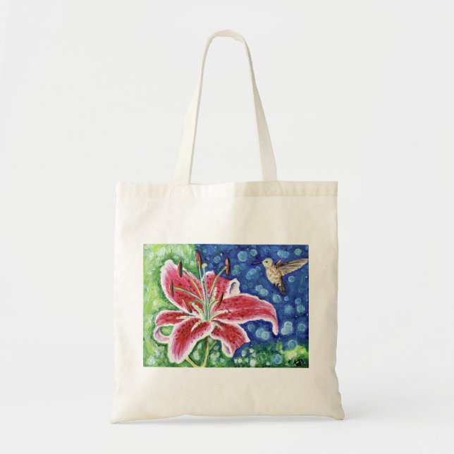 Bolso De Tela Hummingbird y Stargazer Lily Painting (Frente)