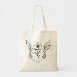 Bolso De Tela Hummingbirds in Heart Shape with Flower Line Art