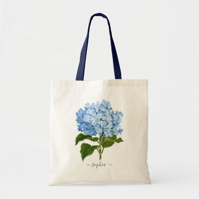 Bolso De Tela Hydrangea Botánico Floral Azul Marino Personalizad (Frente)