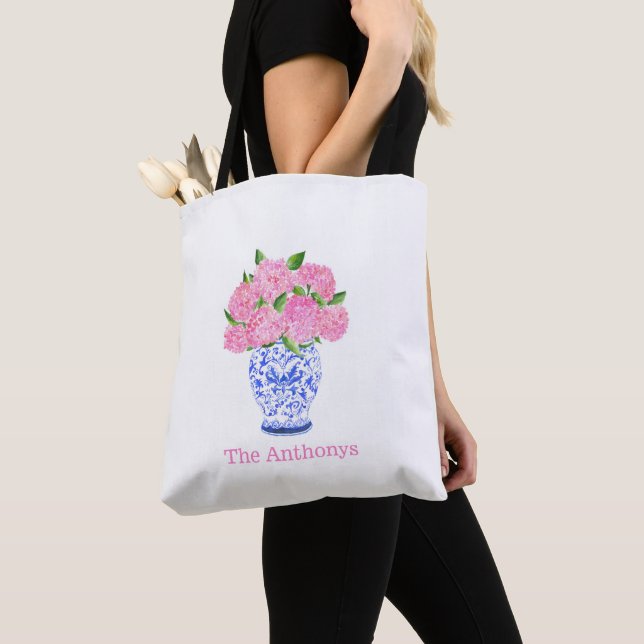 Bolso De Tela Hydrangea Rosa Acuarela Chinoiserie Nombre (Detalle)