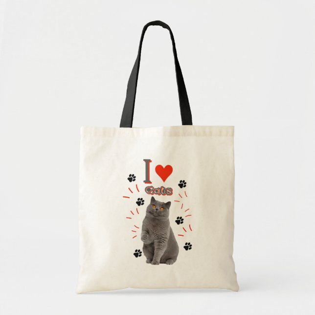 Bolso De Tela I ❤️ Cats – Cute Cat & Paw Print Design (Frente)