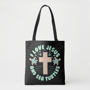 Bolso De Tela I Love Jesus & Sea Turtles Christian Faith Cross B