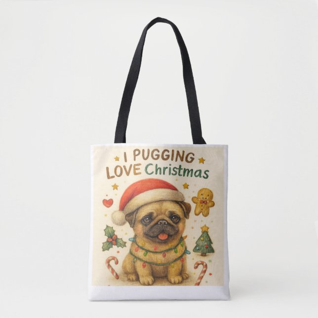 Bolso De Tela  I Pugging Love Christmas Tote Bag (Anverso)
