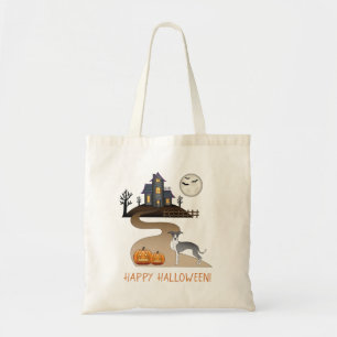 Bolso De Tela Iggy azul y blanco y casa embrujada de Halloween