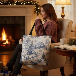 Bolso De Tela Iglesia azul y blanca de Navidad Scena Toile de in