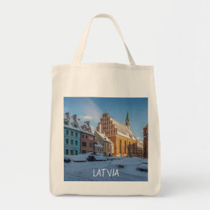 Bolso De Tela Iglesia de San Pedro en invierno en Riga, Letonia