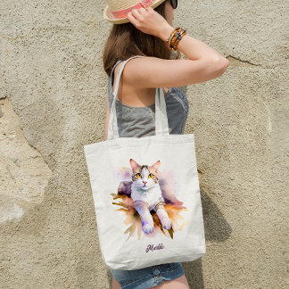 Bolso De Tela Ilustracion acuarela de gato blanco dulce