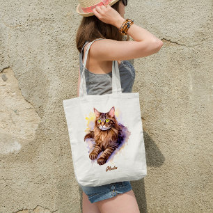 Bolso De Tela Ilustracion acuático de gato de tabby largo y curt