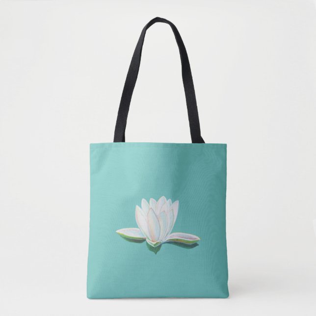 Bolso De Tela Ilustracion blanco de flores de Lotus Mint Green (Anverso)