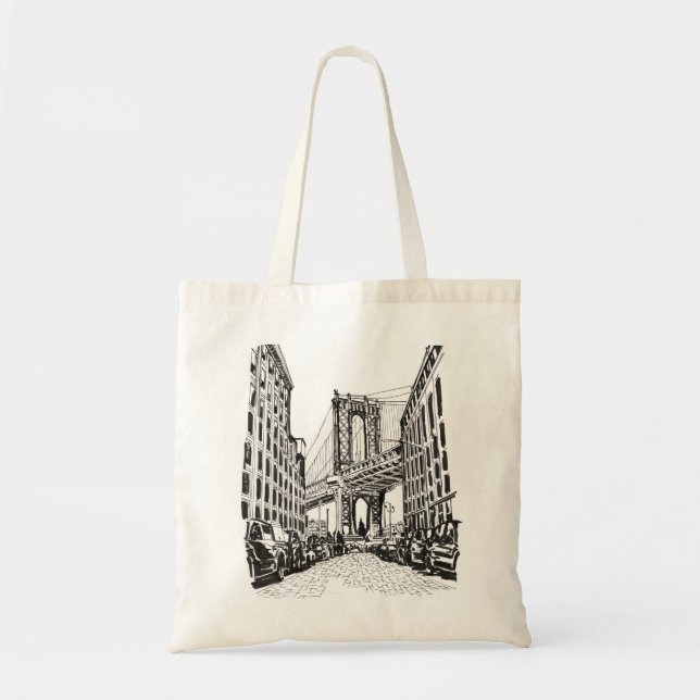 Bolso De Tela Ilustracion blanco negro de Brooklyn Bridge Nueva  (Frente)