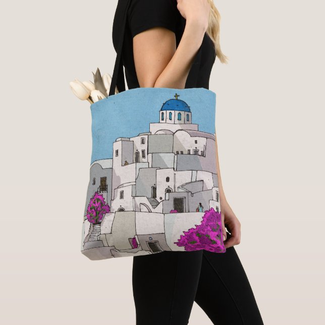 Bolso De Tela Ilustracion caprichoso de Oia Santorini Island Gre (Detalle)