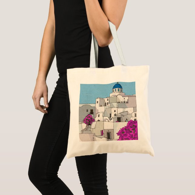 Bolso De Tela Ilustracion caprichoso de Oia Santorini Island Gre (Anverso (producto))