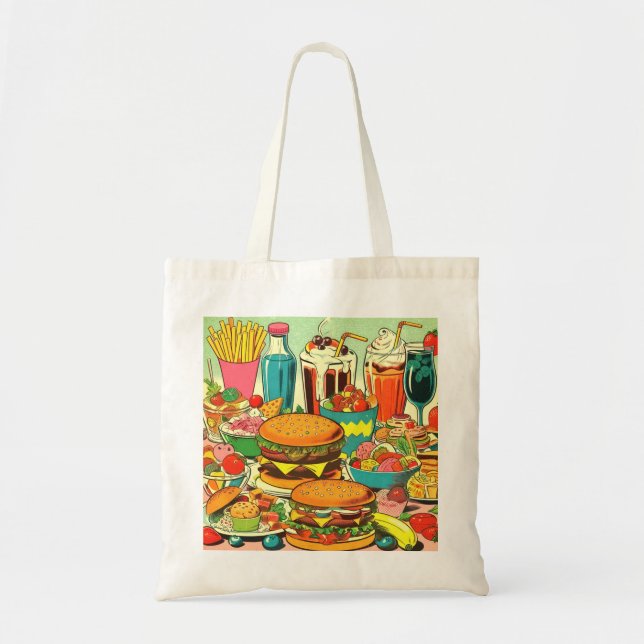 Bolso De Tela Ilustración Cómica de Comida Retro (Frente)
