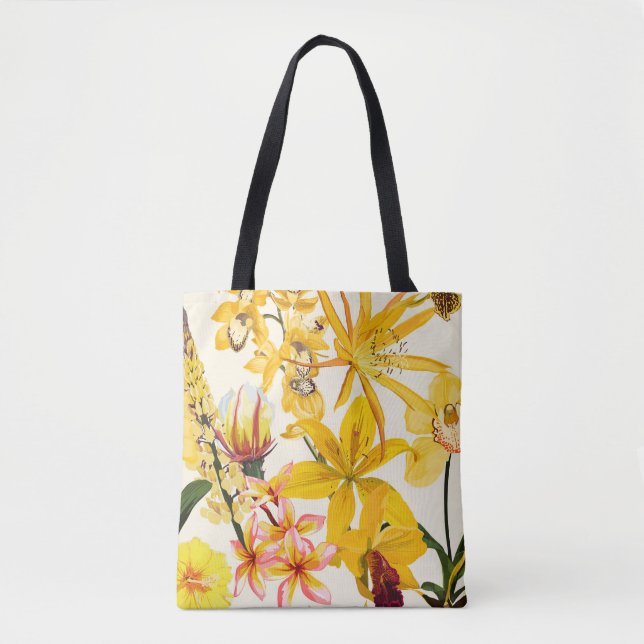 Bolso De Tela Ilustracion con flores naranjas y amarillas. (Anverso)