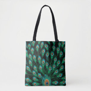 Bolso De Tela Ilustracion con las plumas del pavo real en negro