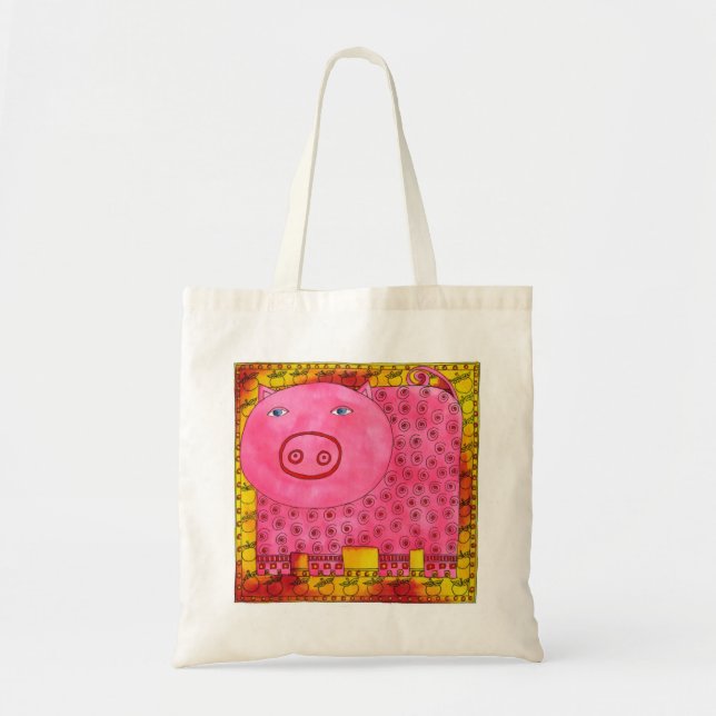 Bolso De Tela Ilustracion de acuarela de cerdo con patrones (Frente)