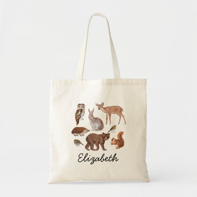 Bolso De Tela Ilustracion de animales de Woodland personalizado (Frente)