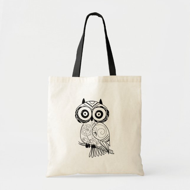 Bolso De Tela Ilustracion de búho blanco y negro (Frente)