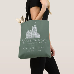 Bolso De Tela Ilustración de Castillo Vintage Verde Salvia Boda