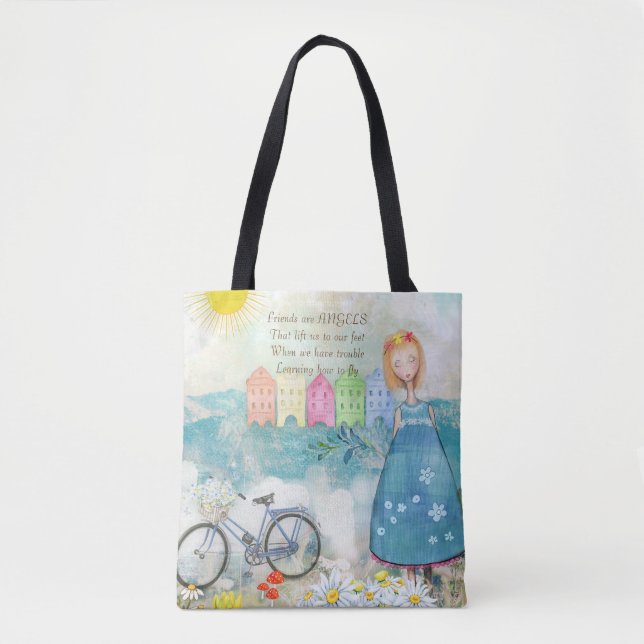 Bolso De Tela Ilustracion de citas de Amigos Son Ángeles (Anverso)
