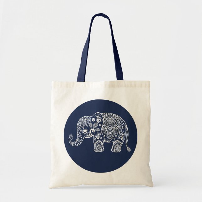 Bolso De Tela Ilustracion De Elefante De Paisley Blanca Sobre Cí (Frente)