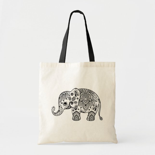 Bolso De Tela Ilustracion de elefante Paisley floral negro. (Frente)