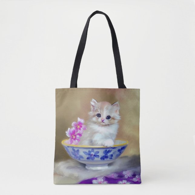 Bolso De Tela Ilustracion de gatito blanco vintage (Anverso)