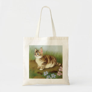 Bolso De Tela Ilustracion de gatito vintage con flores
