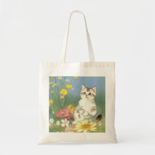 Bolso De Tela Ilustracion de gatito vintage con flores amarillas