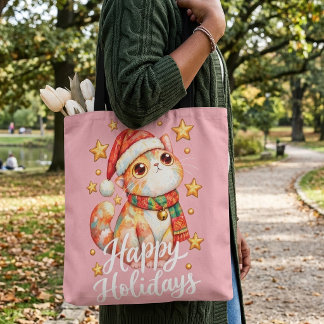 Bolso De Tela Ilustración de gato de Navidad adorable con encant