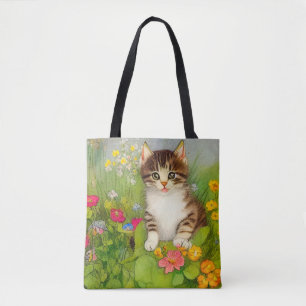Bolso De Tela Ilustracion de gato sonriente vintage