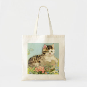 Bolso De Tela Ilustracion de gato vintage con flores rosas
