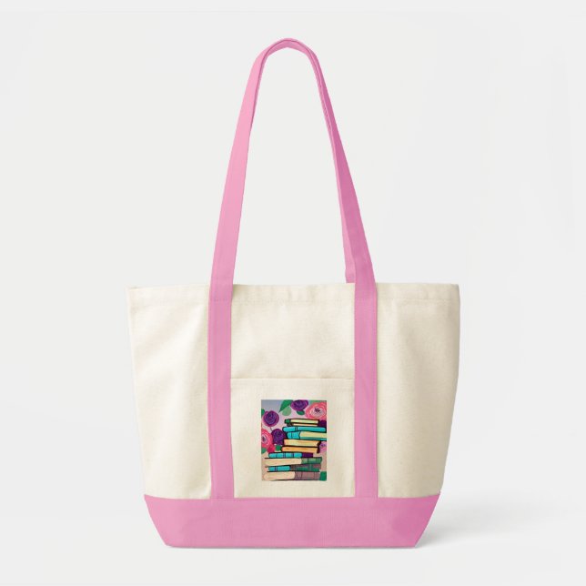 Bolso De Tela Ilustracion de libros y flores arte digital (Frente)
