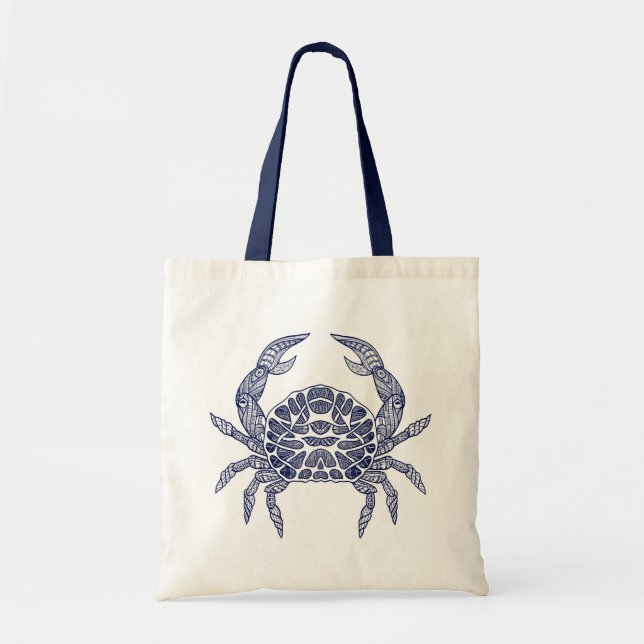 Bolso De Tela Ilustracion de línea azul-marina de cangrejo marin (Frente)