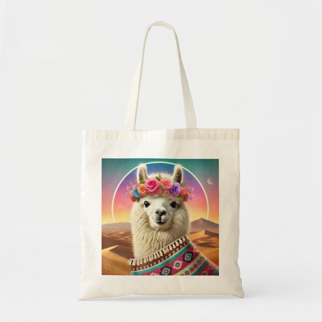 Bolso De Tela Ilustracion de llama rosada dramático con una cita (Frente)
