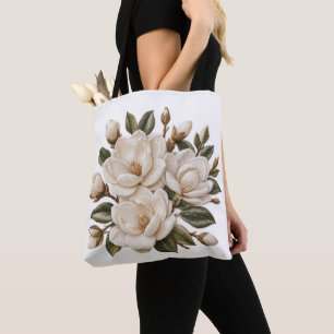 Bolso De Tela Ilustración de magnolia blanca bordada en falso 3D