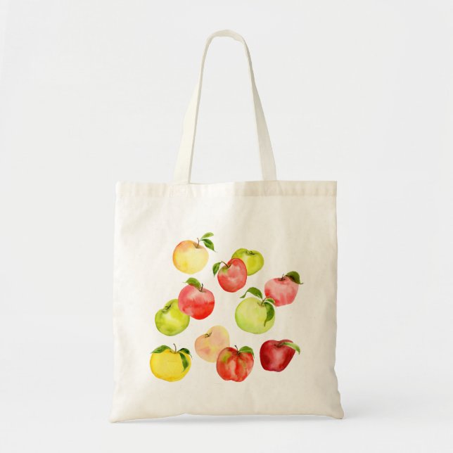 Bolso De Tela Ilustracion de manzana verde rojo acuarela otoño (Frente)