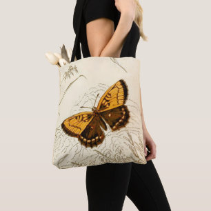 Bolso De Tela Ilustracion de mariposa vintage, oro y marrón