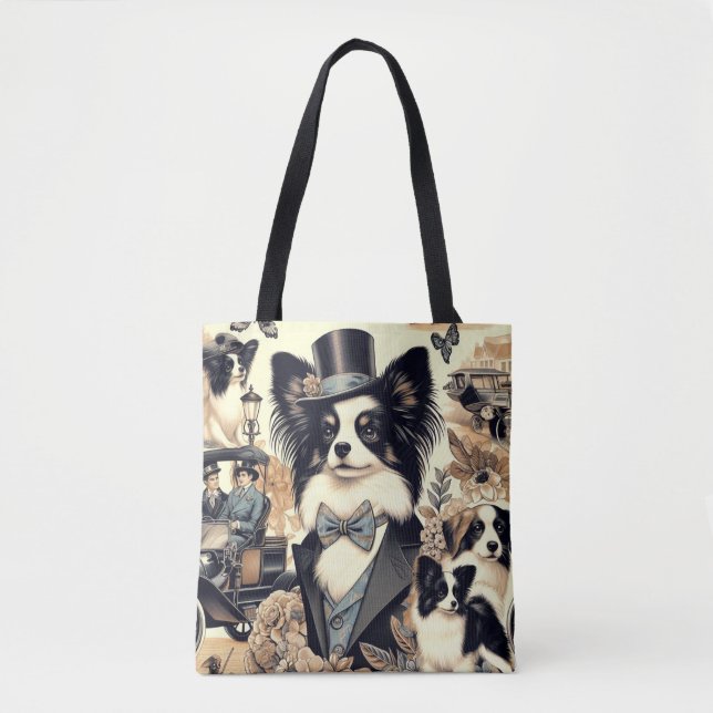 Bolso De Tela Ilustracion de perro de Papillon de época (Anverso)