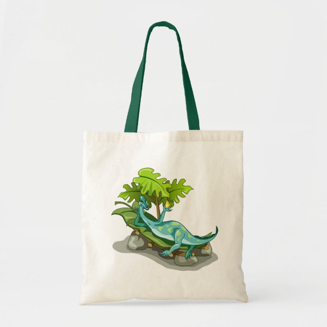 Bolso De Tela Ilustracion De Un Atardecer Iguanodon. (Frente)