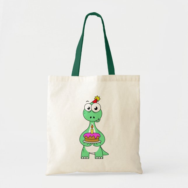 Bolso De Tela Ilustracion De Un Brontosauro Con Pastel De Cumple (Frente)