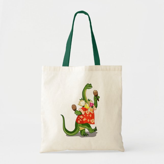 Bolso De Tela Ilustracion De Un Brontosauro Tocando Maracas. (Frente)